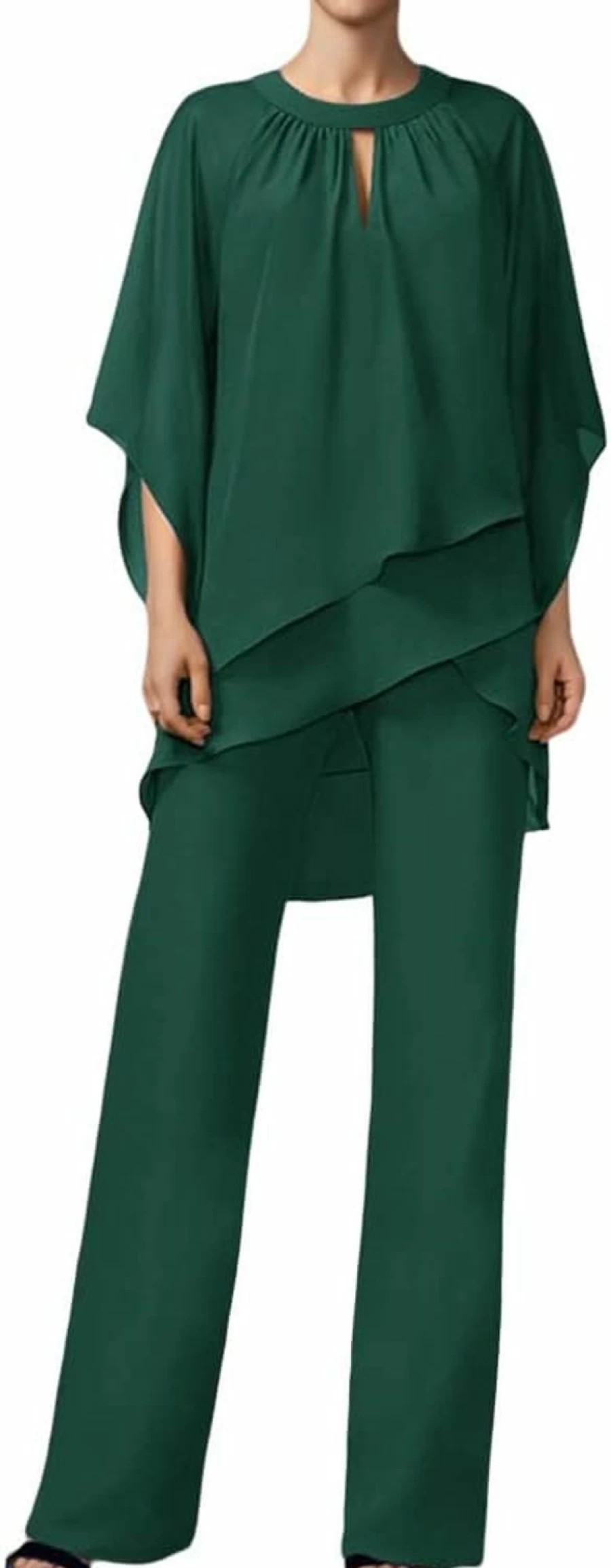 Zongqiven Women's Elegant Chiffon Pantsuit Set - 2 Piece Formal Outfit for Mother of the Bride, Half Sleeve Crew Neck Jumpsuit