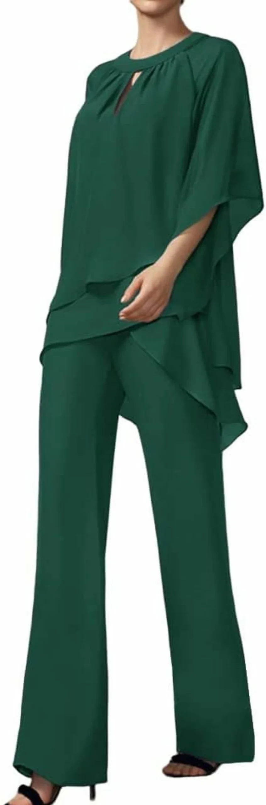 Zongqiven Women's Elegant Chiffon Pantsuit Set - 2 Piece Formal Outfit for Mother of the Bride, Half Sleeve Crew Neck Jumpsuit