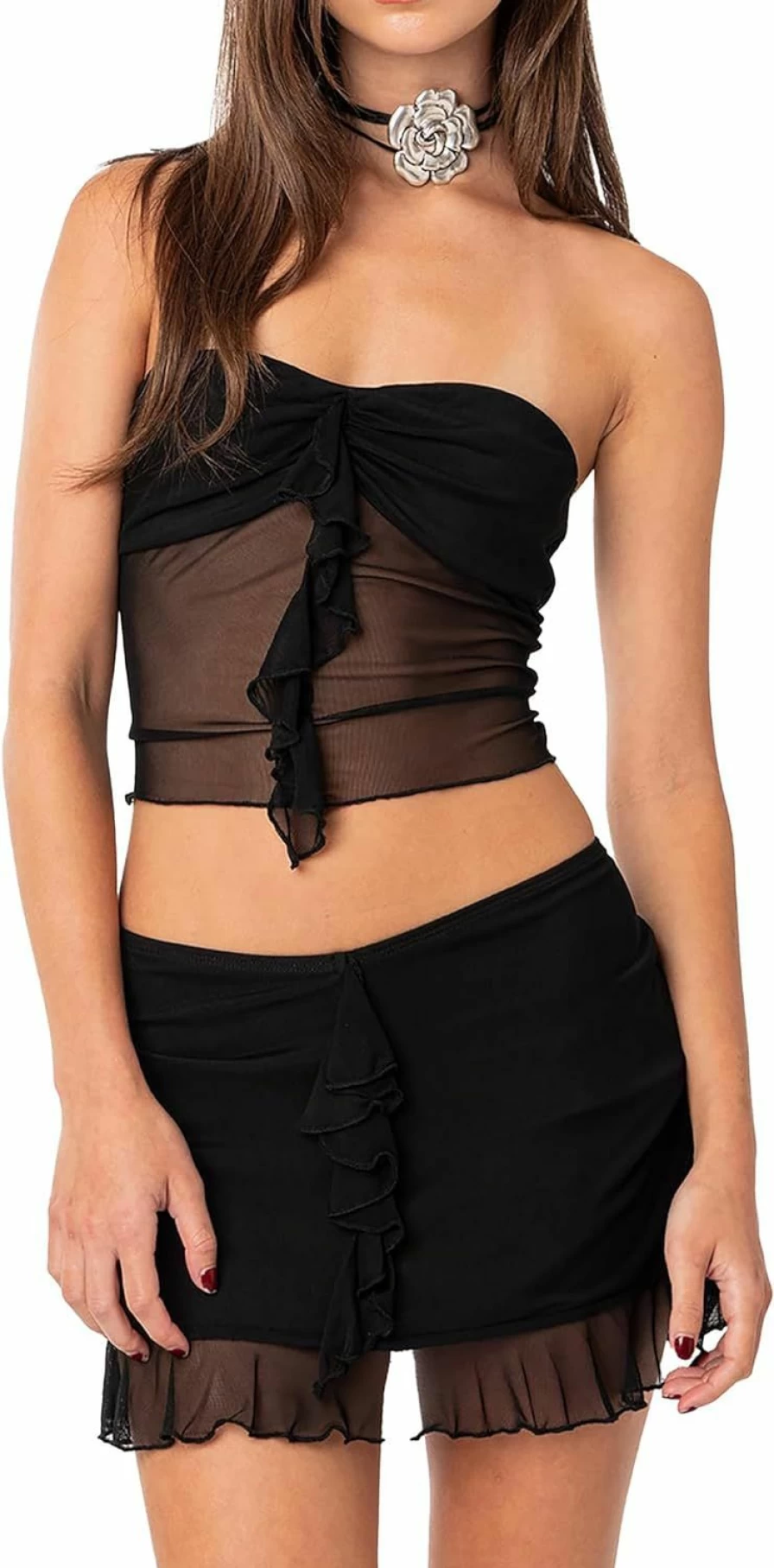 "CSDAJIO Women's Summer Ruffle Strapless Tube Top and Mini Skirt Two-Piece Outfit Set"