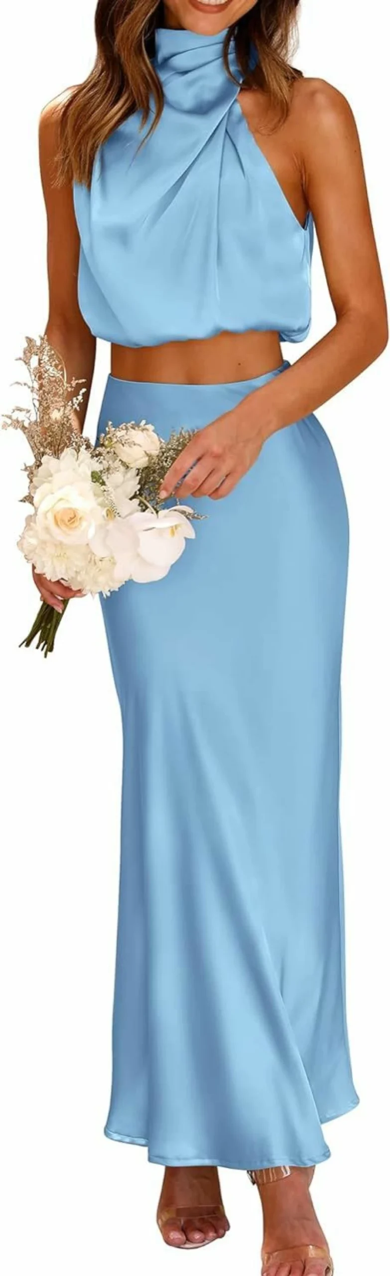 PRETTYGARDEN Women's Summer Satin 2-Piece Outfit - Sleeveless Mock Neck Crop Top & Long Skirt Dress Set