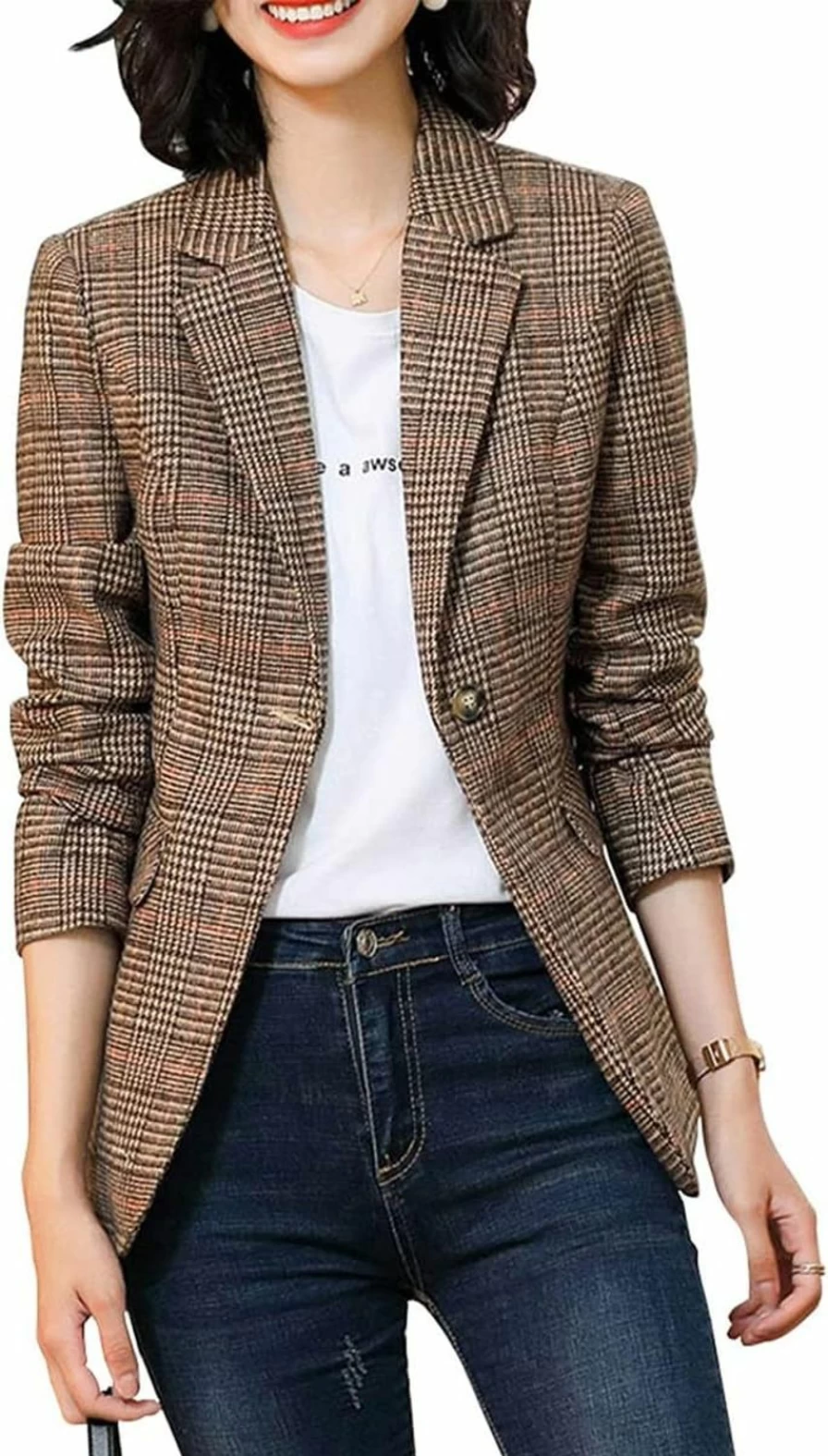 Leyoutx Women's Slim Fit Plaid Blazer with Notch Lapel - Classic Checkered Jacket for Long Sleeve Outerwear