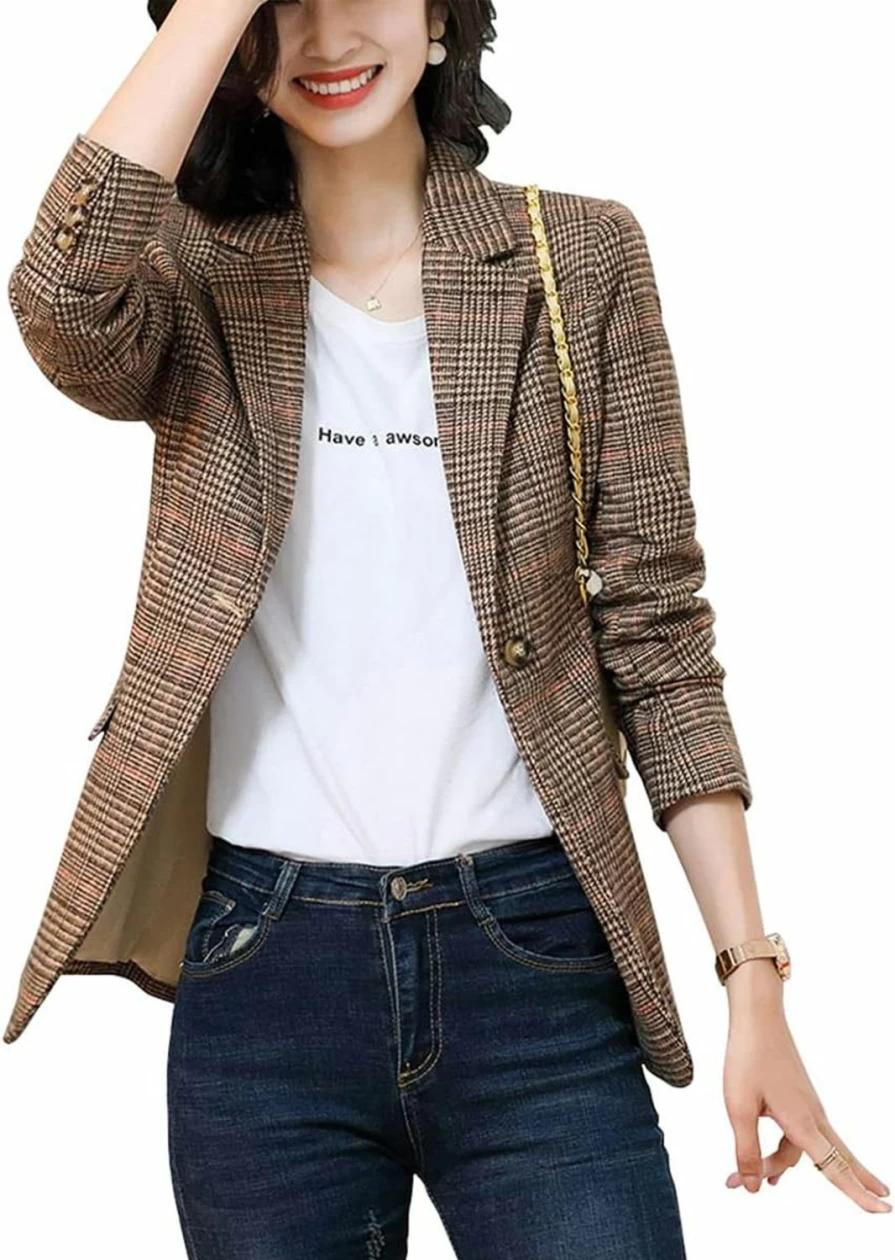 Leyoutx Women's Slim Fit Plaid Blazer with Notch Lapel - Classic Checkered Jacket for Long Sleeve Outerwear
