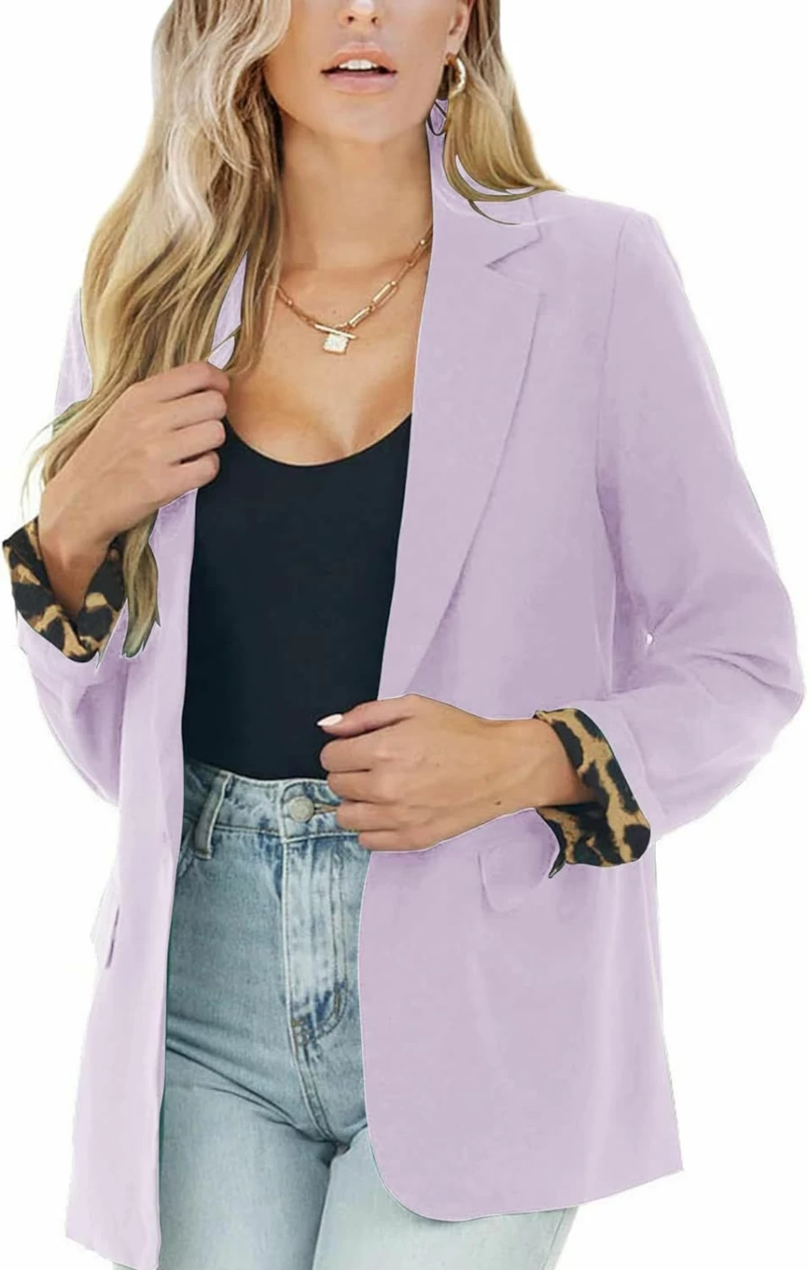 PRETTODAY Women's Leopard Print Casual Blazer Open Front Long Sleeve Office Jacket with Pockets Workwear Coat