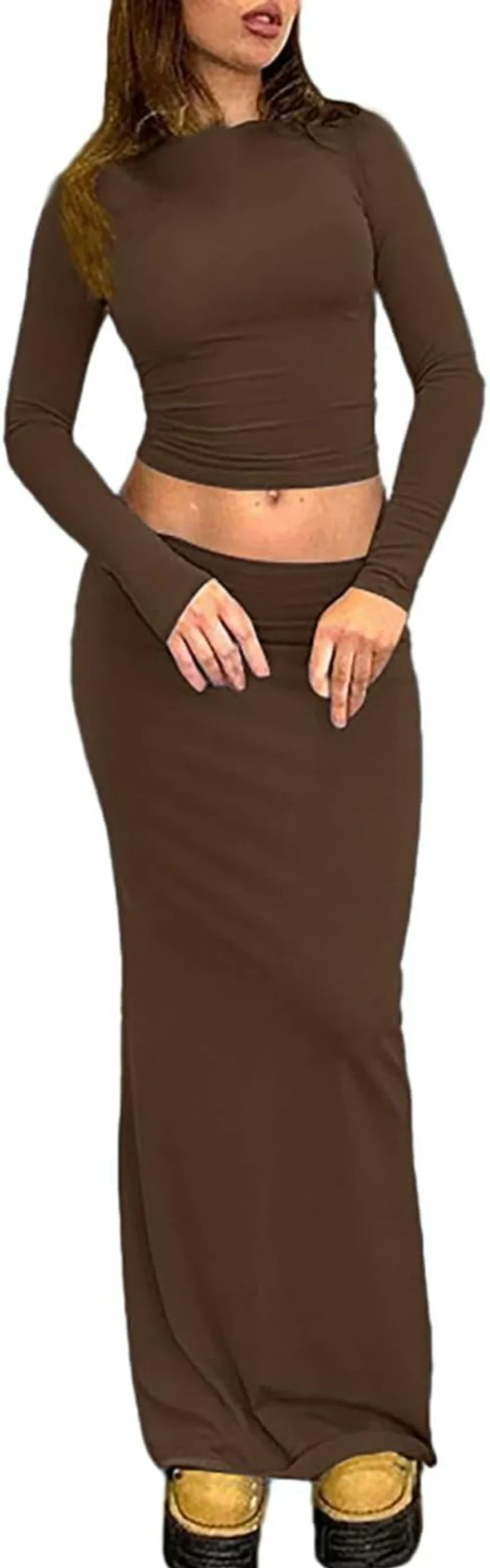 Rooscier Women's Bodycon Two-Piece Set - Long Sleeve Crop Top & High Slit Maxi Skirt Outfit