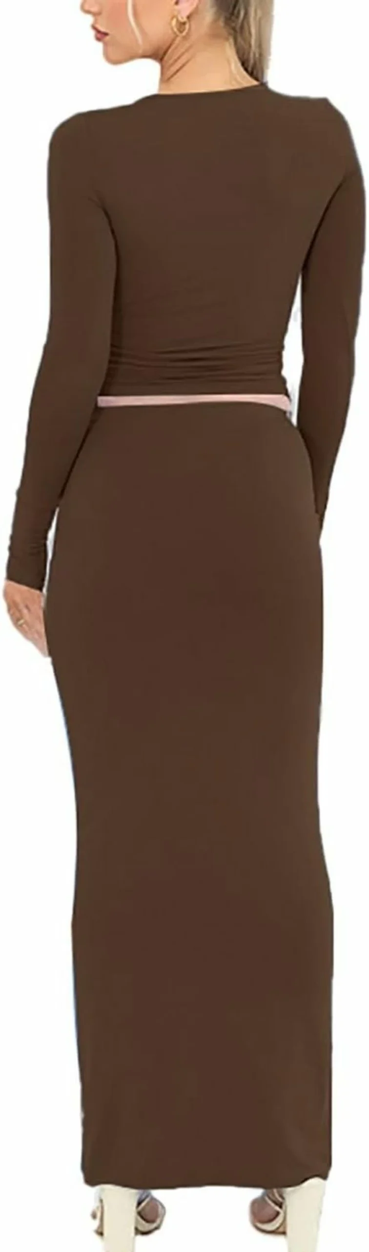 Rooscier Women's Bodycon Two-Piece Set - Long Sleeve Crop Top & High Slit Maxi Skirt Outfit