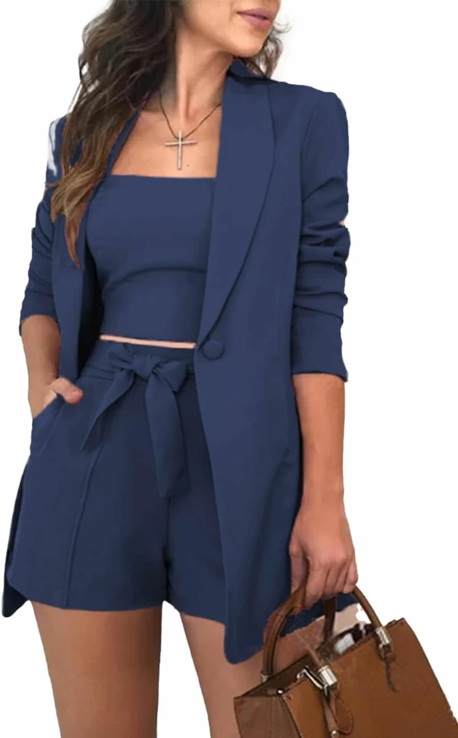 "Tcremisa Women's 3-Piece Blazer Set: Long Sleeve Blazer, Cami Top & Shorts with Belt for Business Outfits"