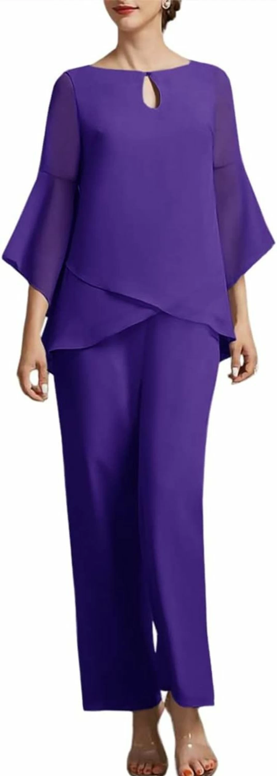Zongqiven Women's Elegant Chiffon Pant Suit 2-Piece Set for Wedding Guest, Mother of the Bride, and Special Occasions
