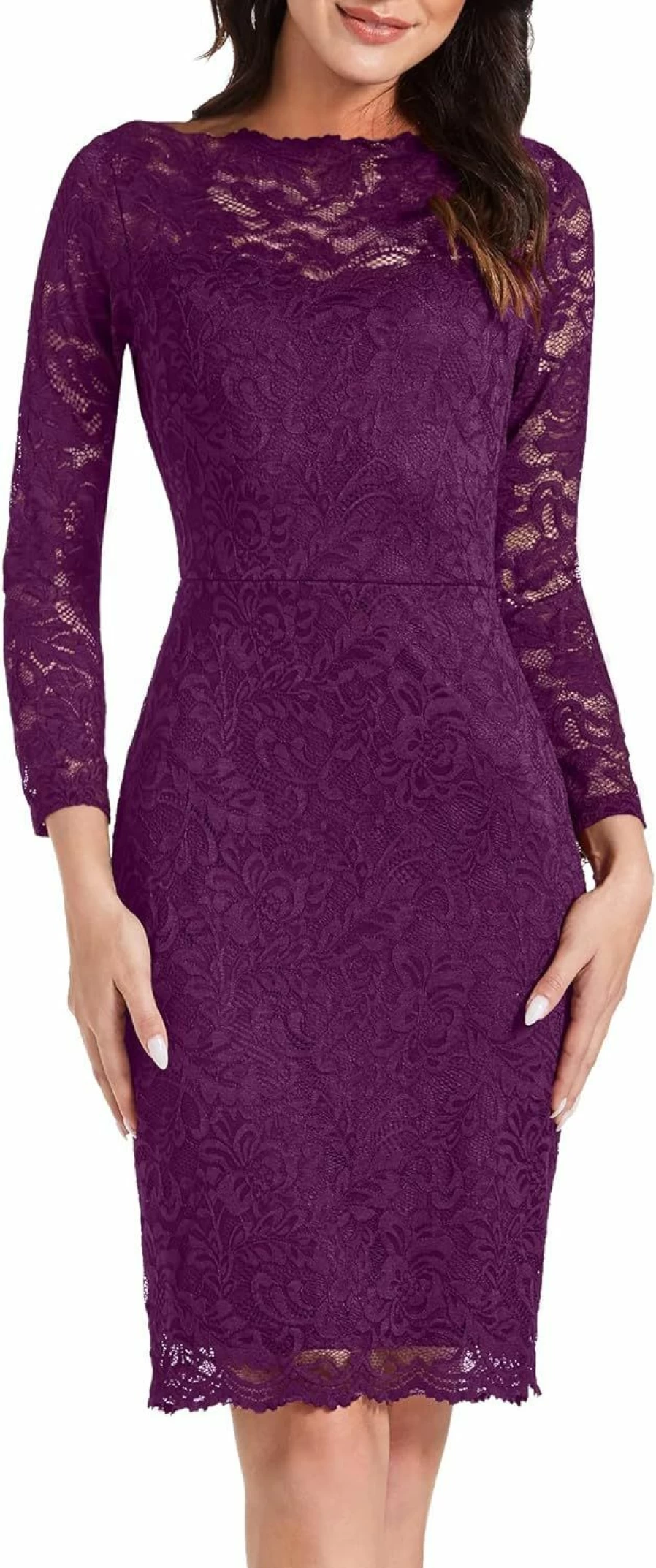 MSLG Women's Floral Lace Bodycon Dress - Elegant Bateau Neck Long Sleeve Cocktail Dress for Wedding Guest & Business Events