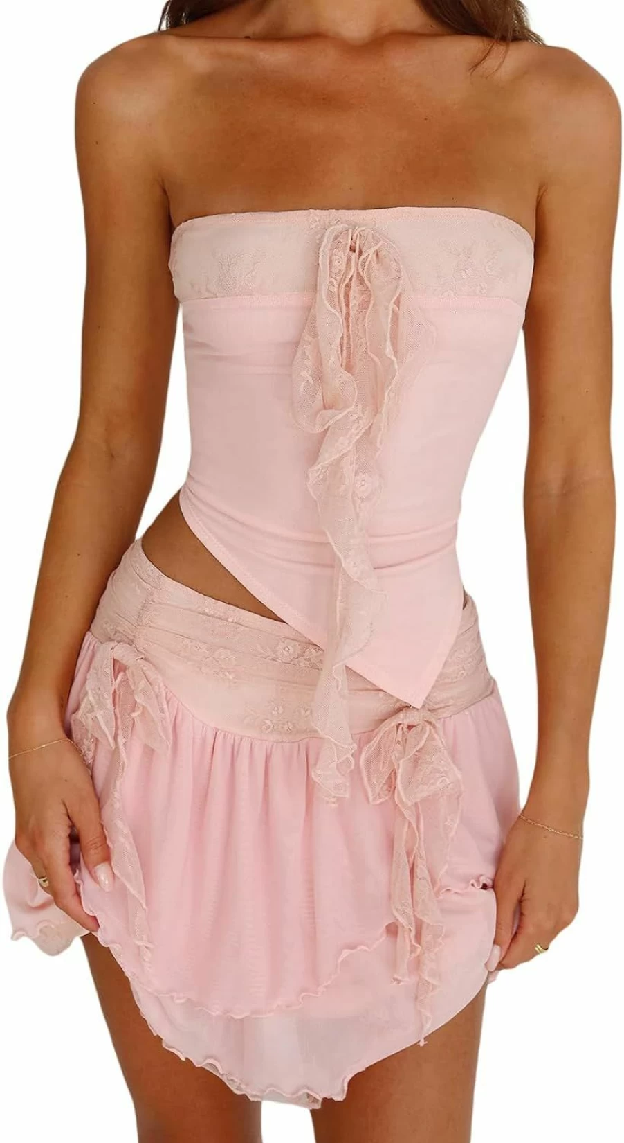 Kimydreama Women's Y2K Lace Crop Top & Ruffle Mini Skirt Set - See Through Bodycon Two Piece Outfit for Party & Club