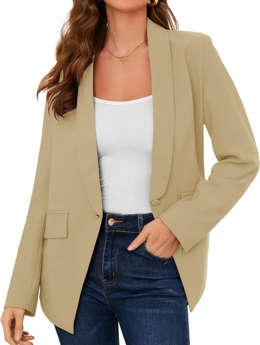 ZHENWEI Women's Slim Fit Casual Blazer - Open Front Long Sleeve Work Jacket with Pockets & Lining, Trendy Office Wear