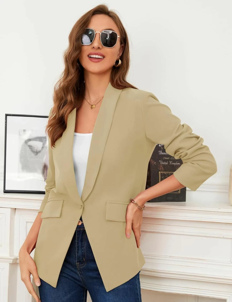 ZHENWEI Women's Slim Fit Casual Blazer - Open Front Long Sleeve Work Jacket with Pockets & Lining, Trendy Office Wear