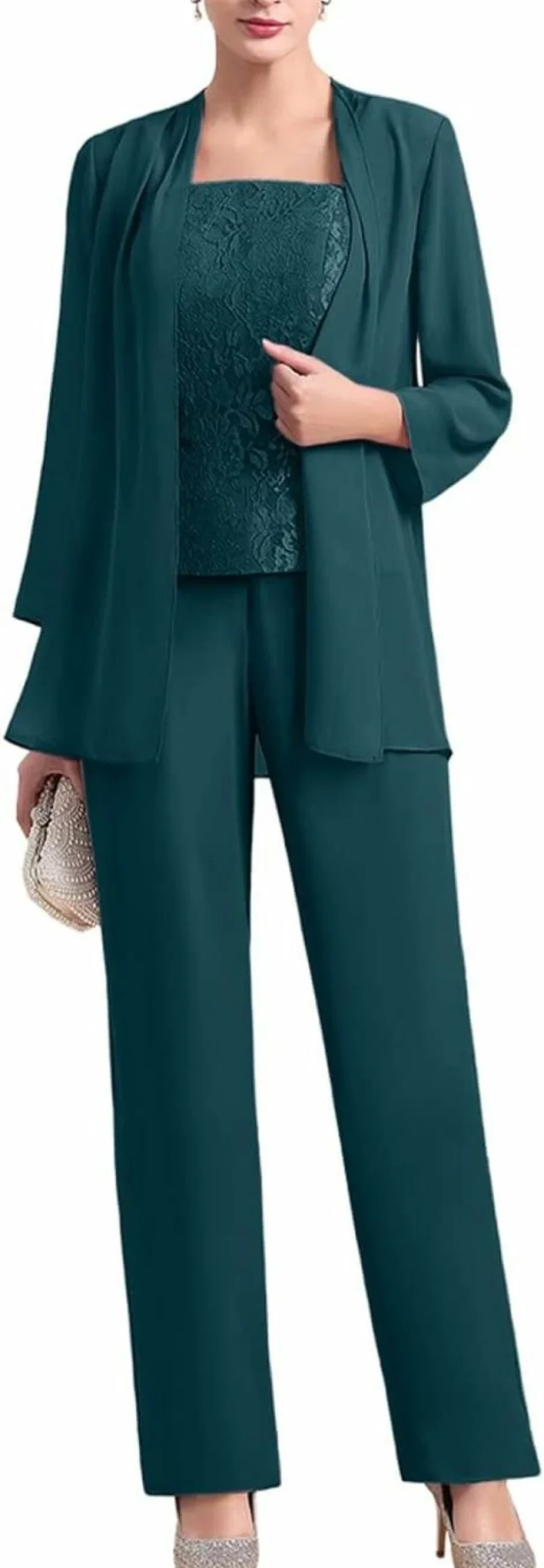 Zongqiven Women's Elegant 3-Piece Chiffon Pantsuit Set with Lace Detail for Wedding Guest, Mother of the Bride & Formal Evening Occasions
