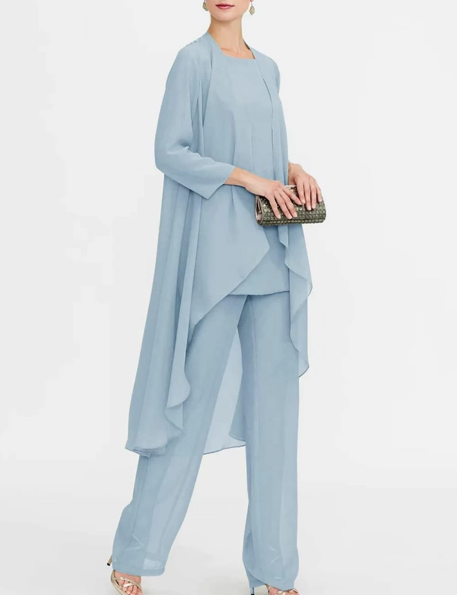 Zongqiven Women's Elegant 3-Piece Chiffon Pant Suit Set for Wedding, Mother of the Bride & Formal Evening Events