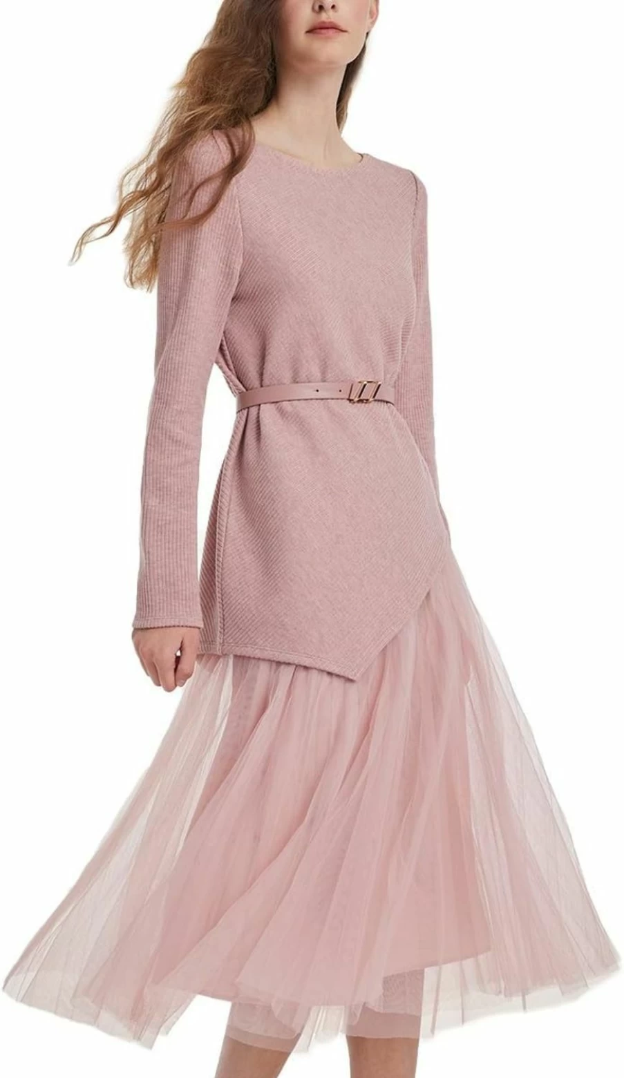 GOELIA Women's 2023 Trendy Long Sleeve Pullover & Tulle Skirt Set with Belt - Elegant Two-Piece Outfit