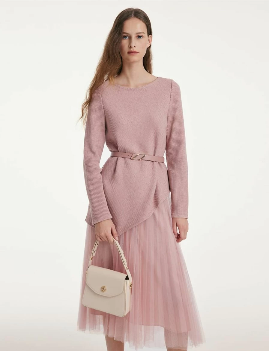 GOELIA Women's 2023 Trendy Long Sleeve Pullover & Tulle Skirt Set with Belt - Elegant Two-Piece Outfit