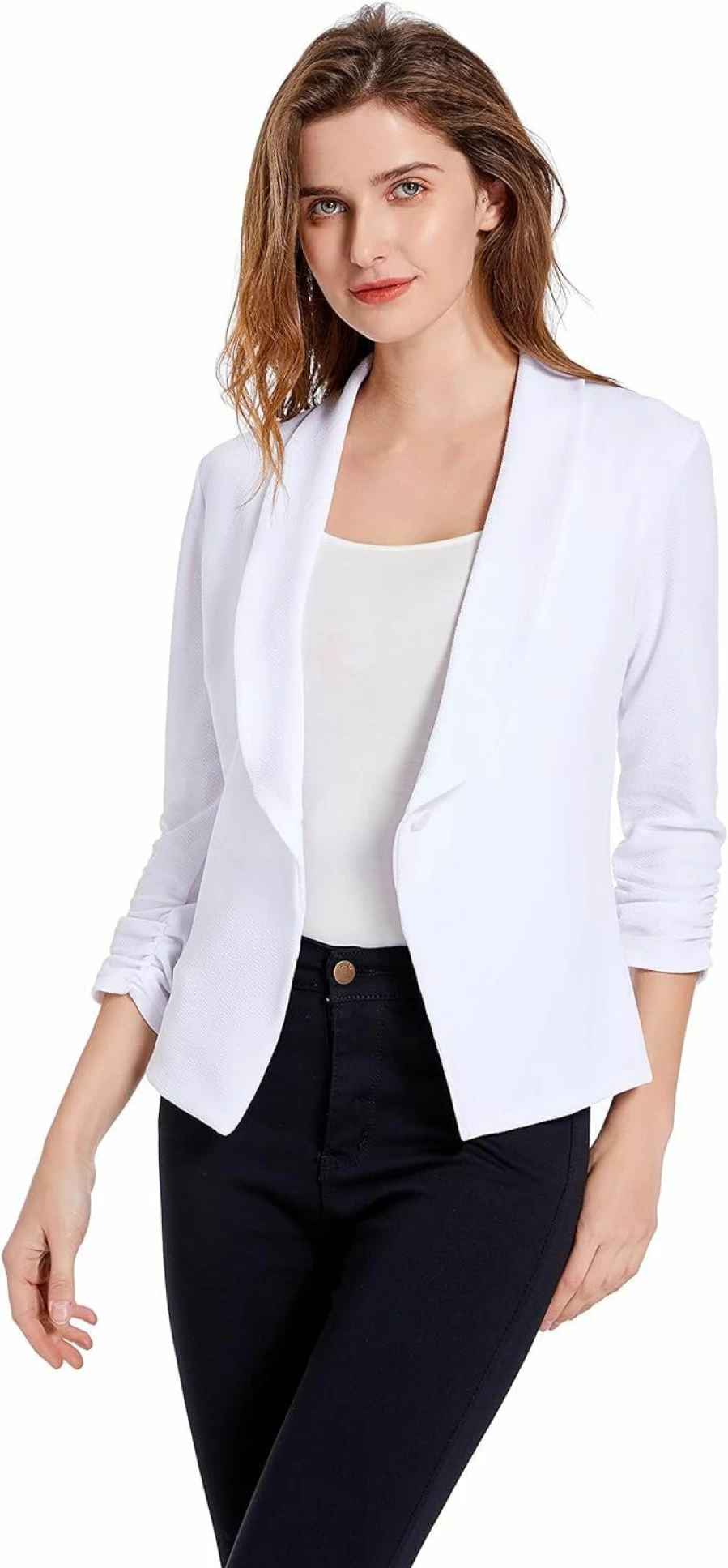 Sunfaynis Women's Lightweight Stretchy Blazer Jacket - 3/4 Ruched Sleeve One Button Cardigan for Business Casual Wear