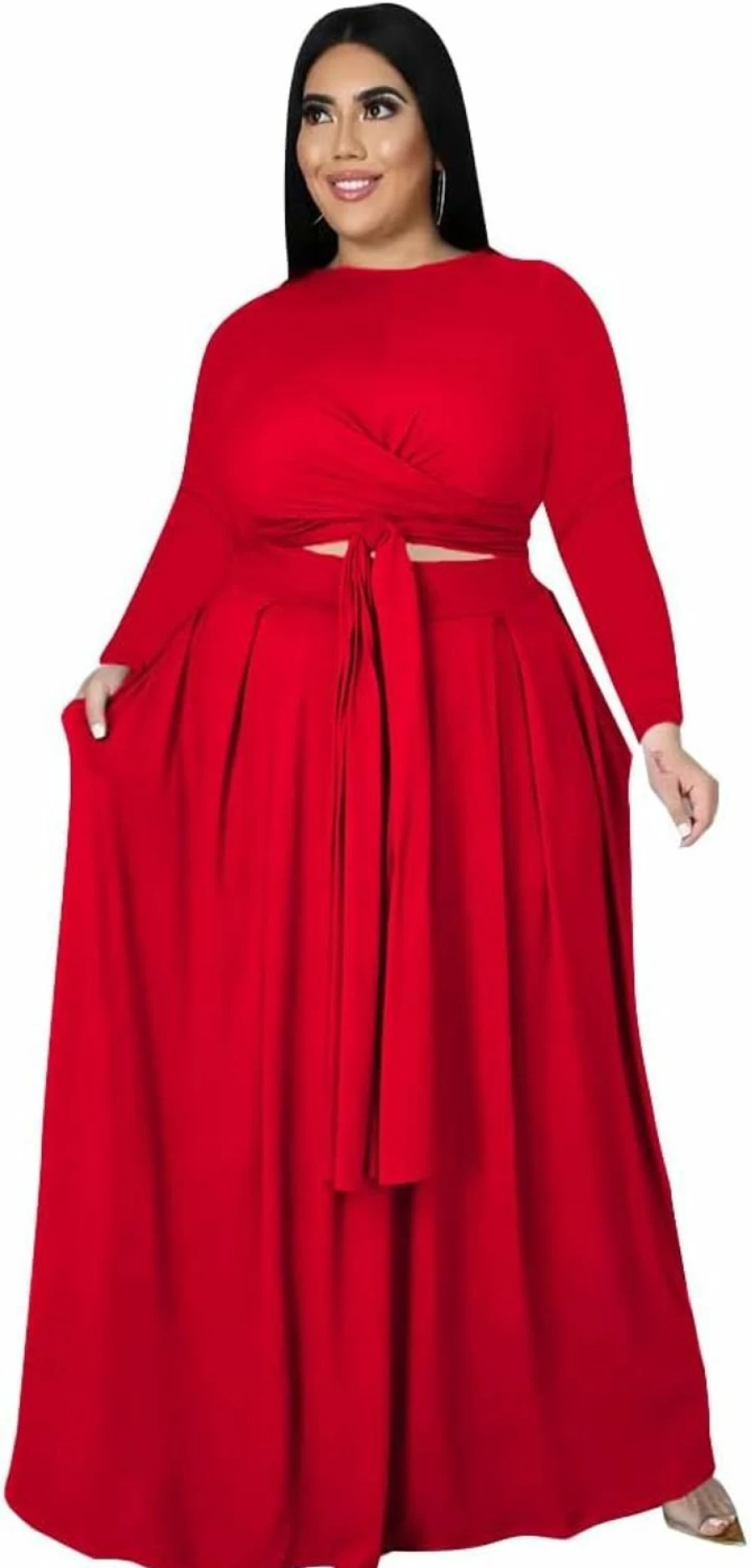 "DMOLED Women's Plus Size Bandage Wrap Dress Set - Long Sleeve Crop Top & Maxi Skirt 2-Piece Outfit"