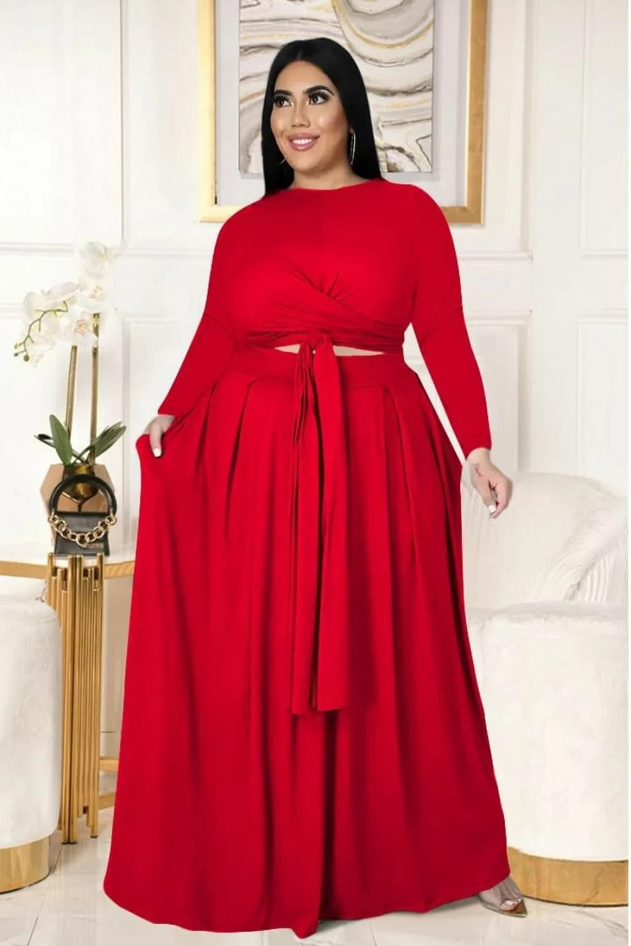 "DMOLED Women's Plus Size Bandage Wrap Dress Set - Long Sleeve Crop Top & Maxi Skirt 2-Piece Outfit"