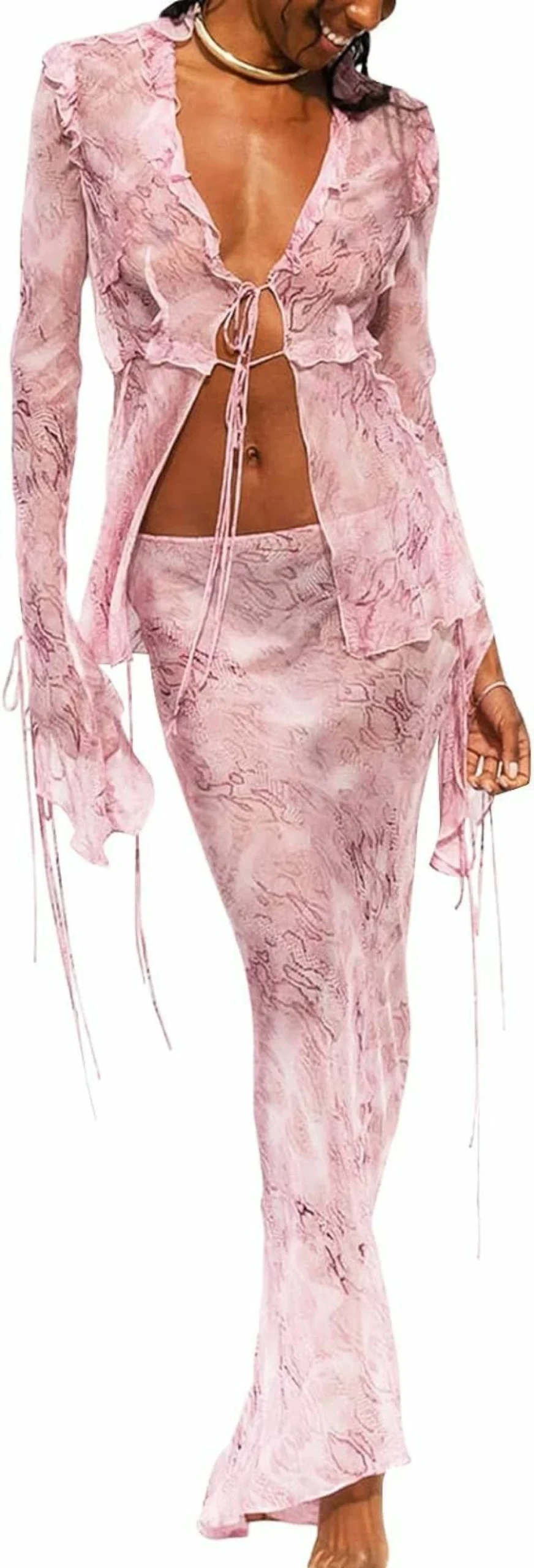 Yuemengxuan Women's Summer 2-Piece Outfit - Lace Trim Cami Top & High Waist Bodycon Maxi Skirt Set