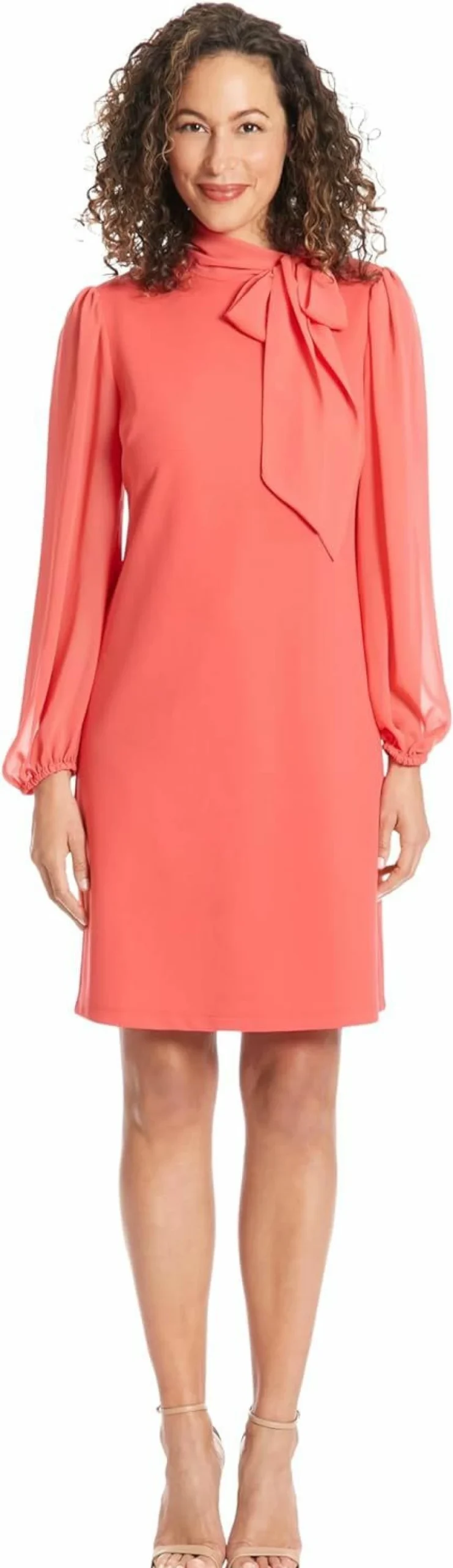 London Times Women's Elegant Long Sleeve Tie Neck Shift Dress for Office Workwear