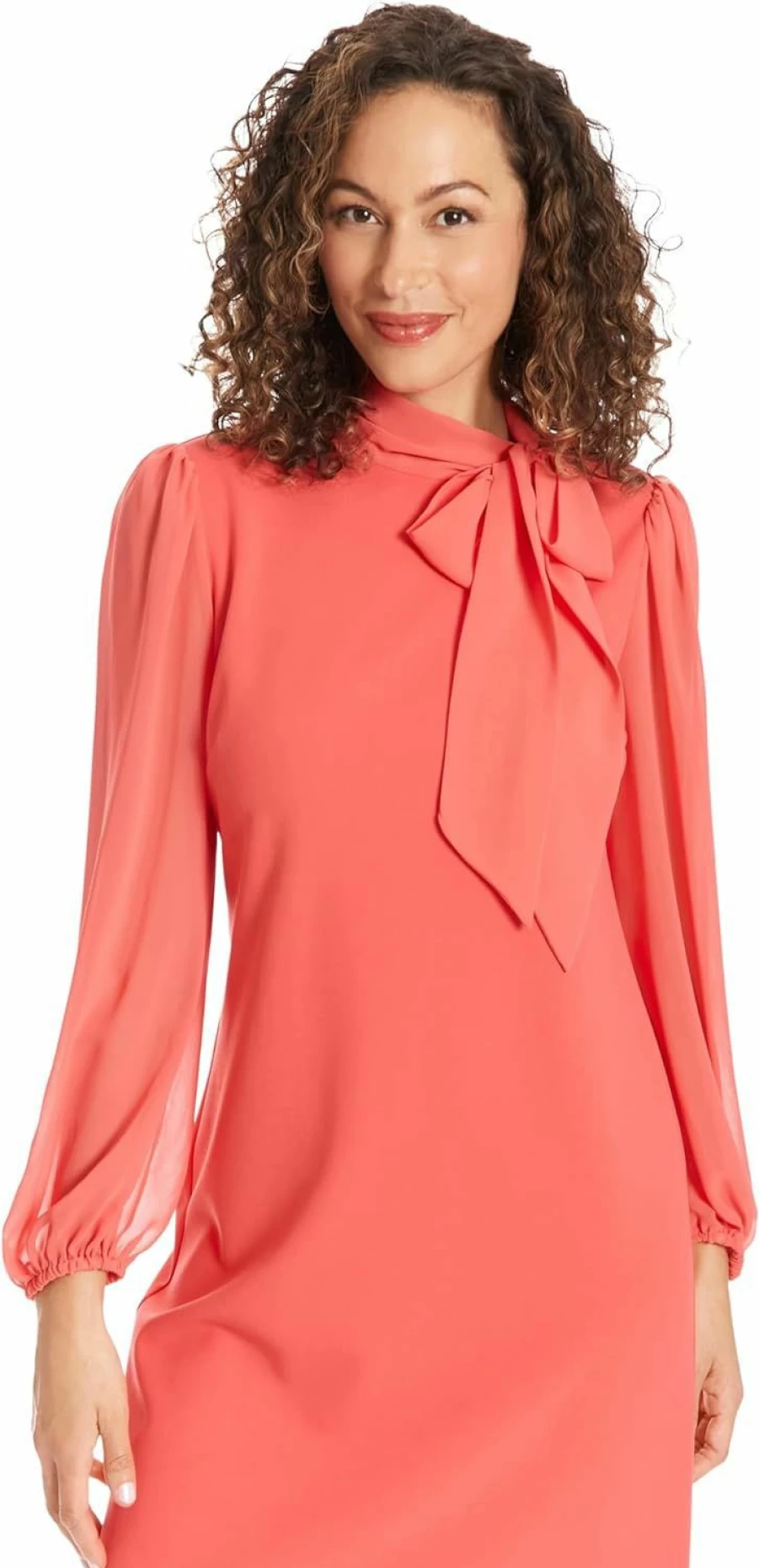 London Times Women's Elegant Long Sleeve Tie Neck Shift Dress for Office Workwear