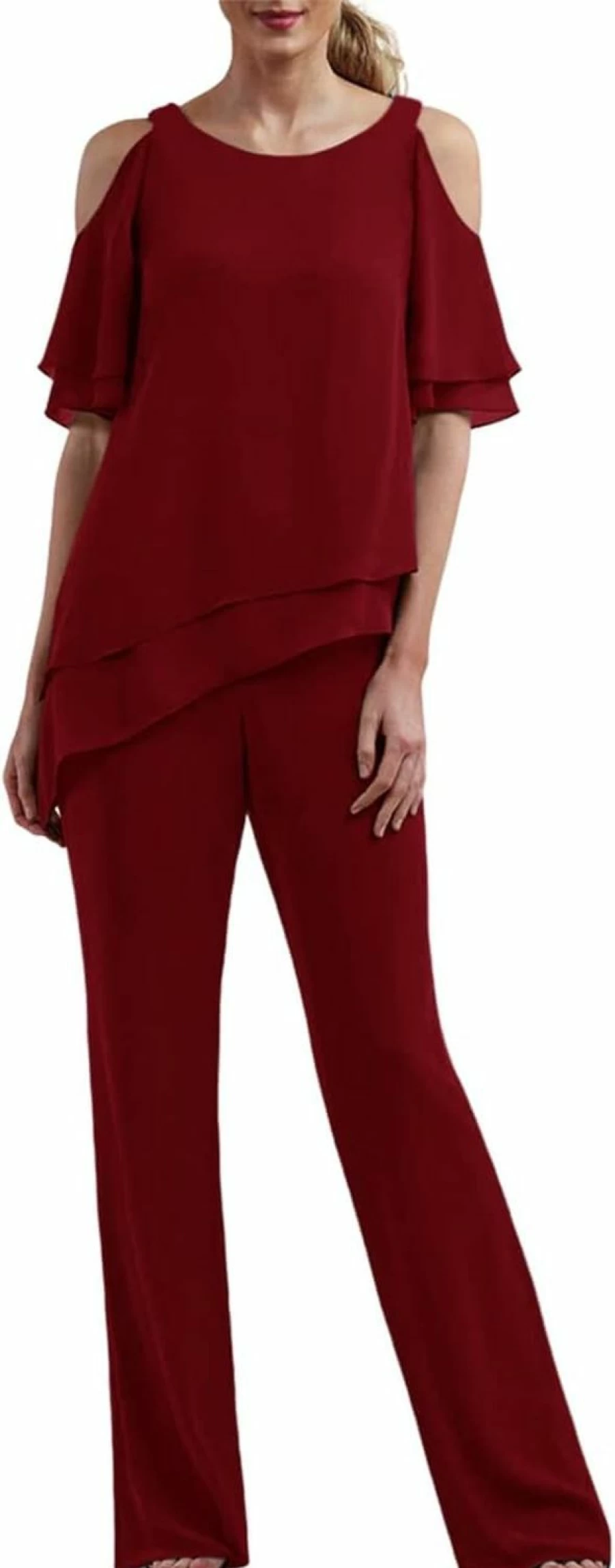 Zongqiven Women's Elegant Chiffon Pantsuit Set - Cold Shoulder Blouse & Wide-Leg Pants for Wedding Guest & Evening Occasions