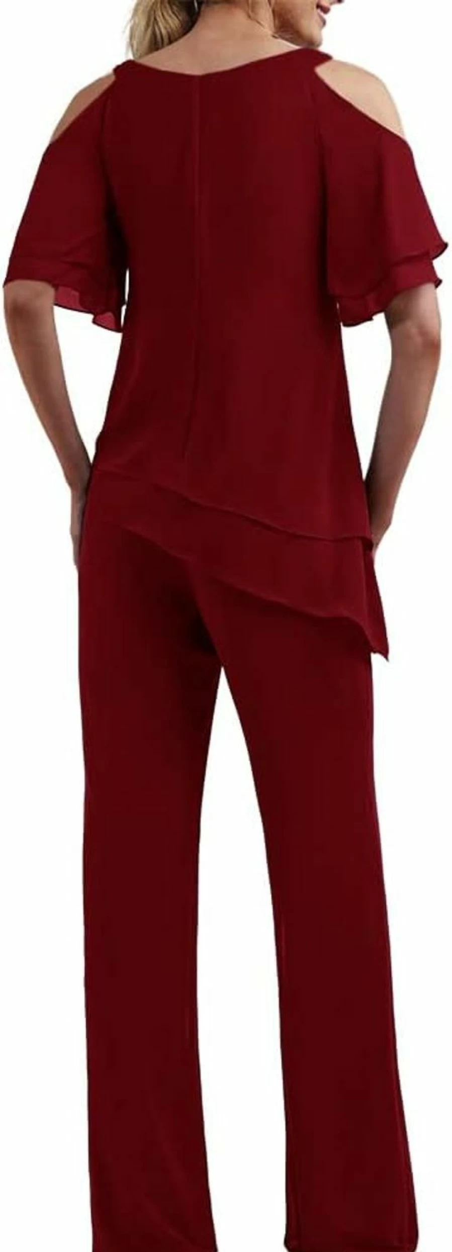 Zongqiven Women's Elegant Chiffon Pantsuit Set - Cold Shoulder Blouse & Wide-Leg Pants for Wedding Guest & Evening Occasions