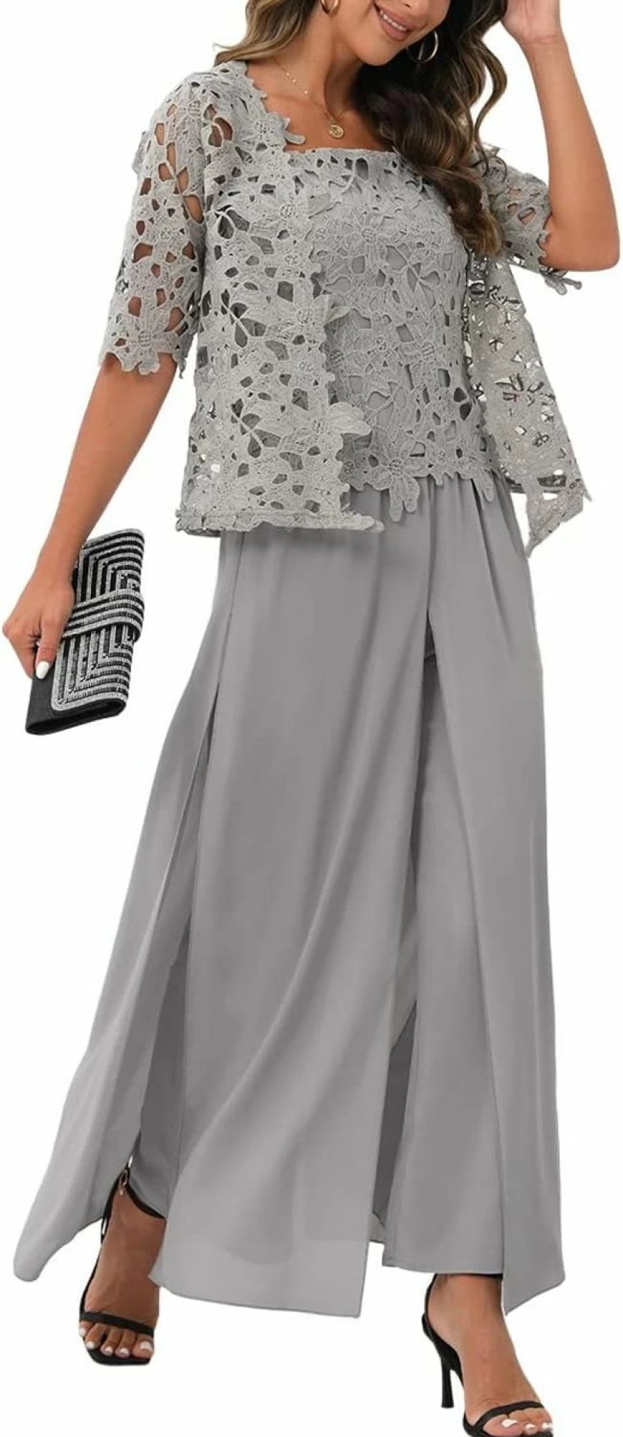 Zongqiven Women's Elegant 3-Piece Pant Set for Wedding, Mother of the Bride & Evening Events in Grey