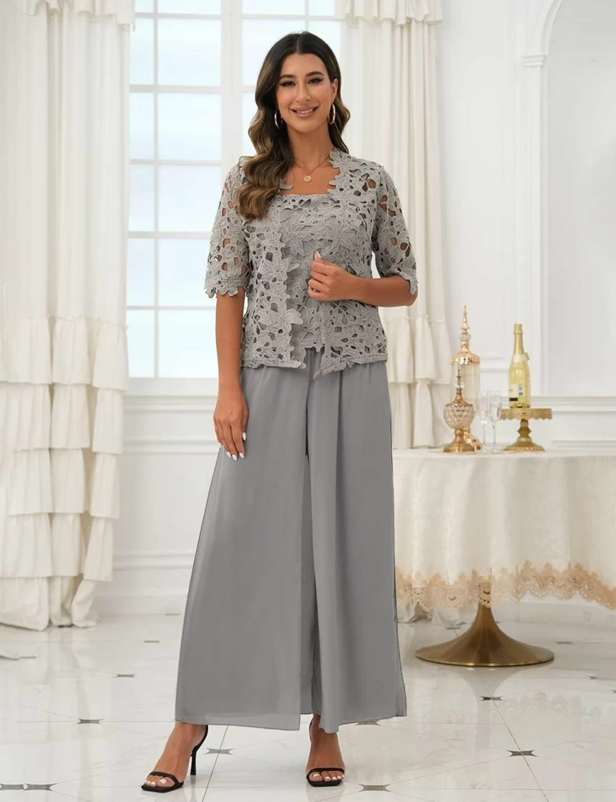 Zongqiven Women's Elegant 3-Piece Pant Set for Wedding, Mother of the Bride & Evening Events in Grey
