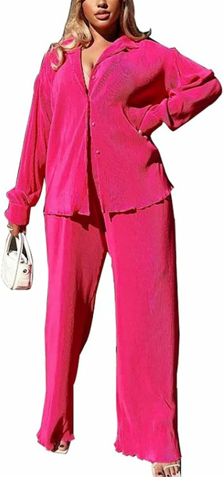 "Sriswel Women's Elegant Pleated 2-Piece Loungewear Set - Long Sleeve Button Down Shirt & Wide Leg Pants Pajama Jumpsuit"