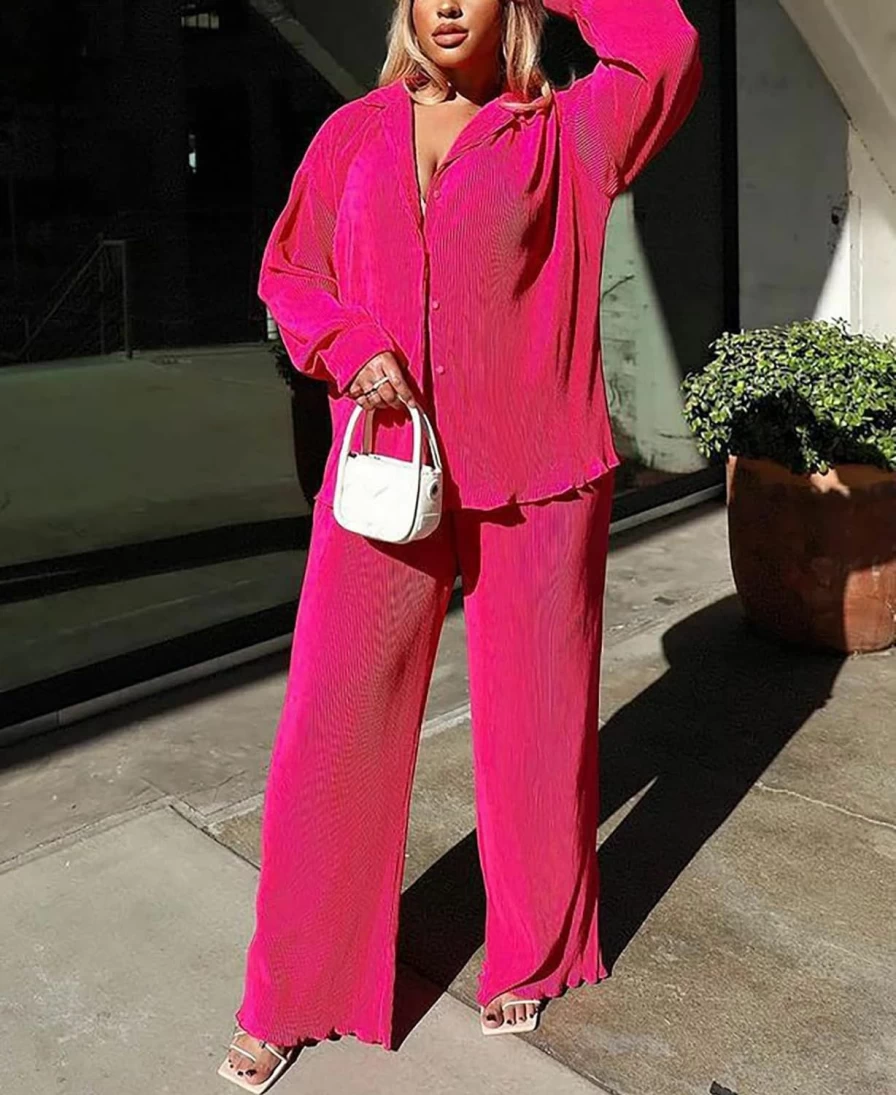 "Sriswel Women's Elegant Pleated 2-Piece Loungewear Set - Long Sleeve Button Down Shirt & Wide Leg Pants Pajama Jumpsuit"