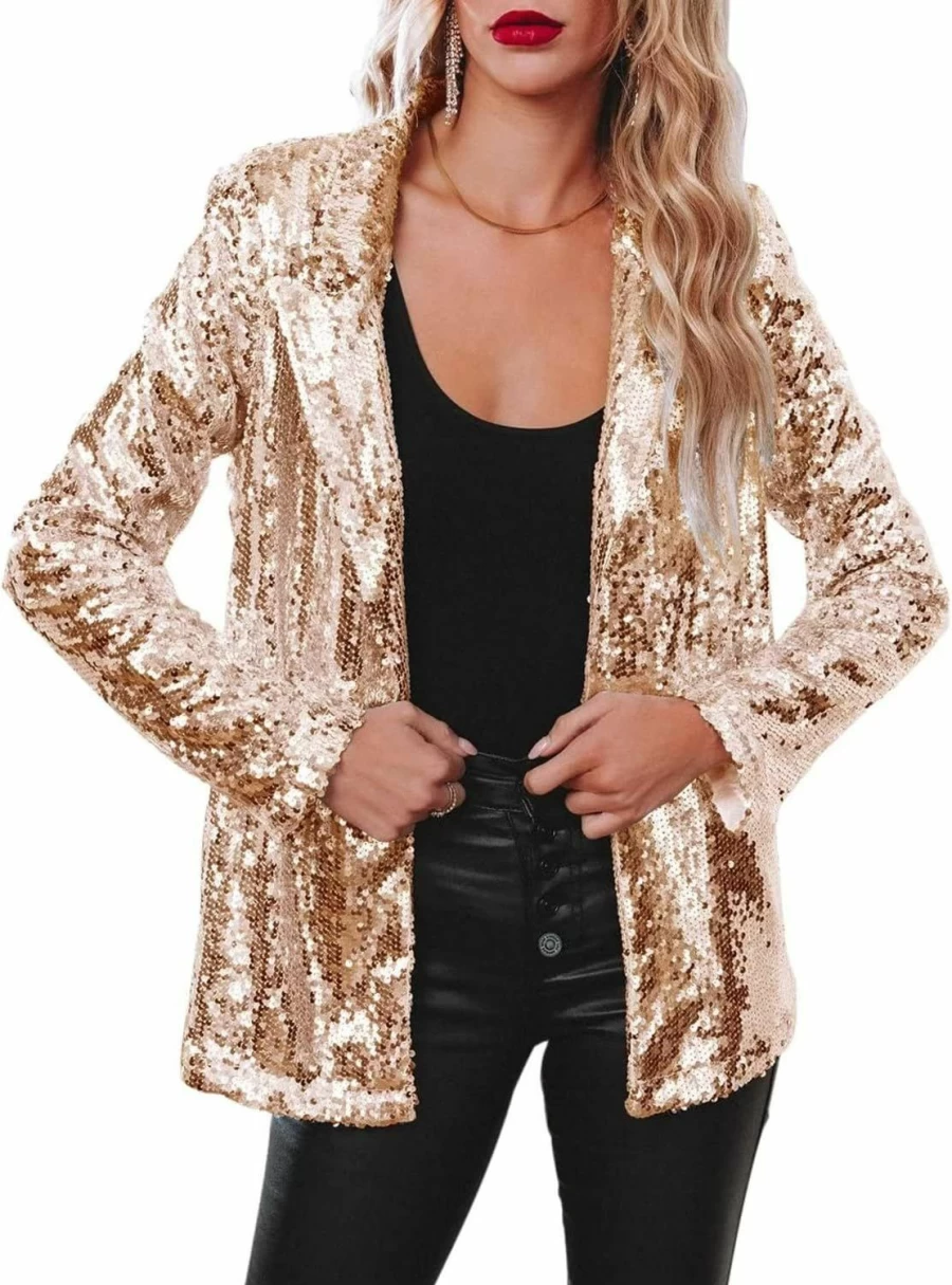Fazoacou Women's Sparkling Sequin Blazer Coat Open Front Long Sleeve Glitter Jacket for Casual Wear