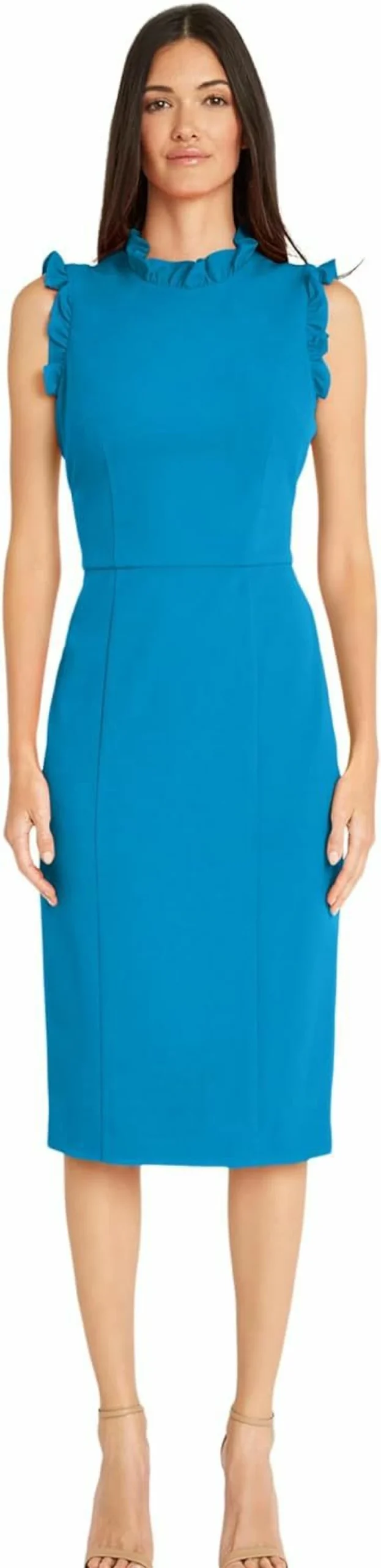 Maggy London Women's Elegant Ruffle Neck Sheath Dress with Stylish Armhole Detail