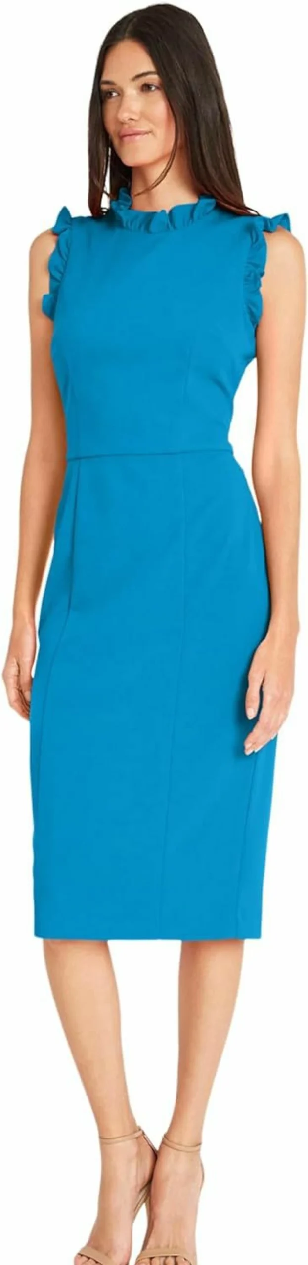 Maggy London Women's Elegant Ruffle Neck Sheath Dress with Stylish Armhole Detail