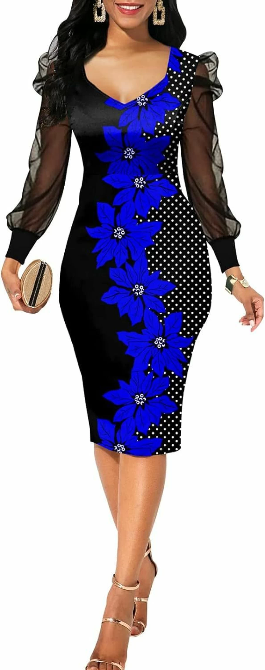 BestGirl Women's Floral Print Mesh Long Sleeve Bodycon Dress - Work & Casual Pencil Midi Dress