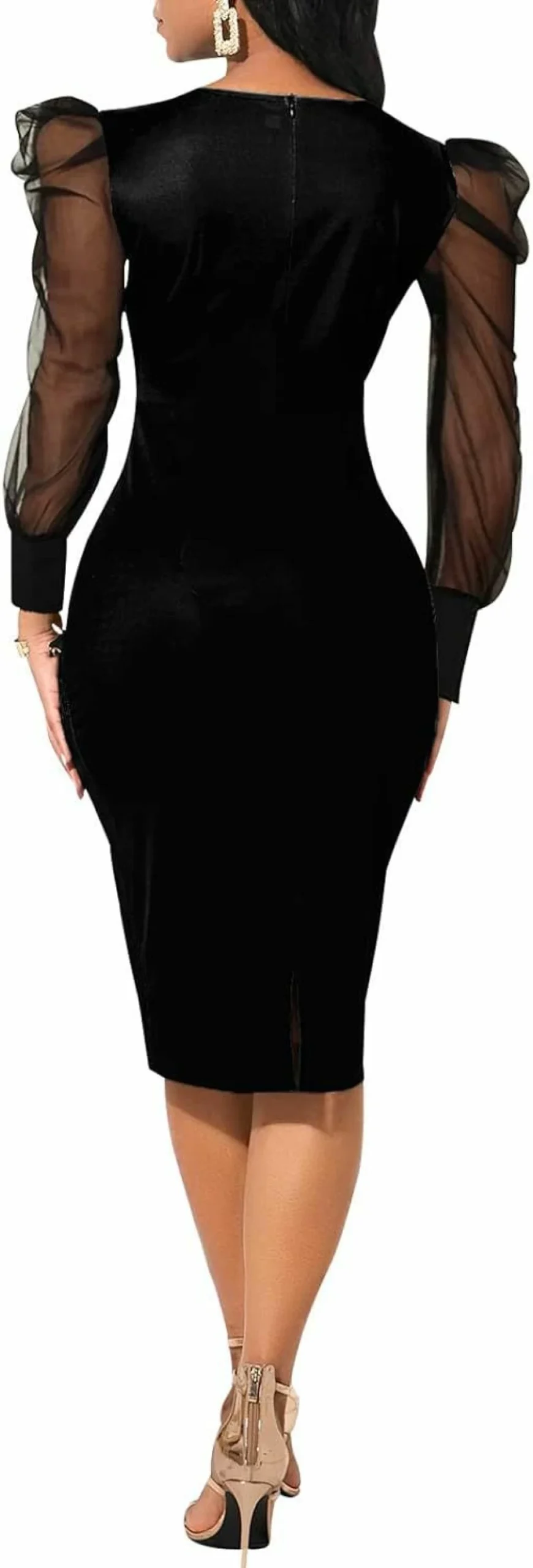 BestGirl Women's Floral Print Mesh Long Sleeve Bodycon Dress - Work & Casual Pencil Midi Dress