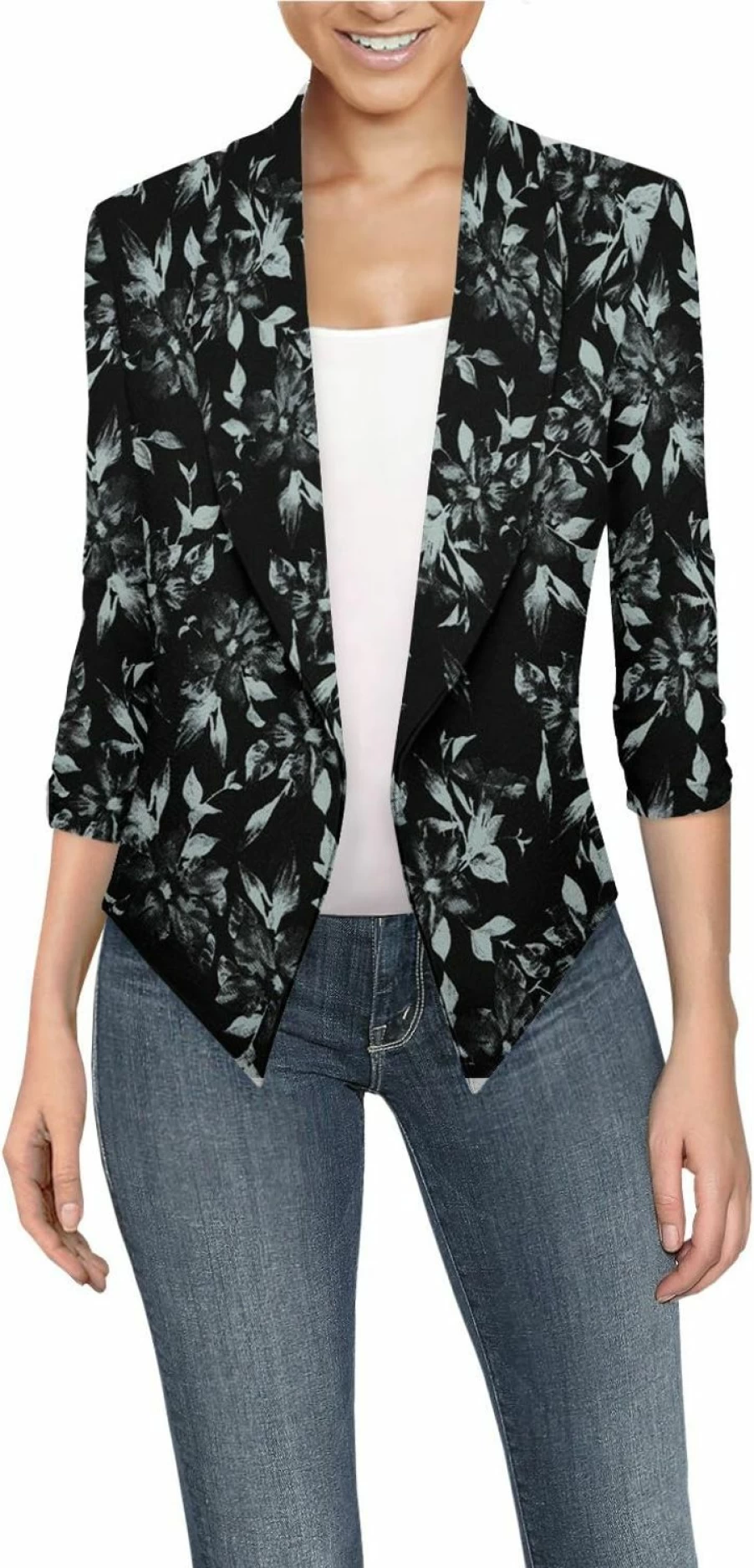 Hybrid & Company Women's Casual Blazer Jacket - Open Front Shawl Collar 3/4 Scrunch Sleeves Office Work Wear