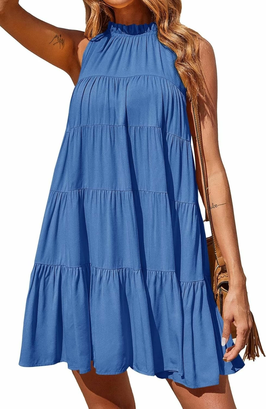 Okiwam Women's 2024 Summer Boho Sleeveless Halter Mini Dress - Flowy Ruffle Pleated Swing Cocktail Dress Casual Loose Sun Dress