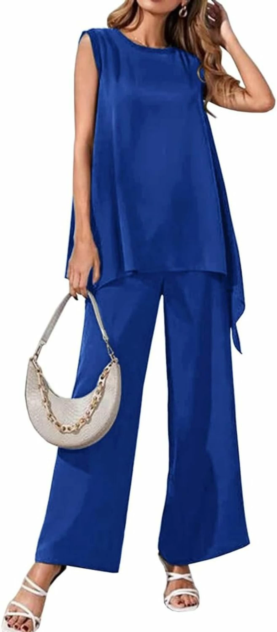 Zongqiven Women's Summer 2 Piece Outfit Sleeveless Tunic Top with Elastic Waist Pants Casual Lounge Set