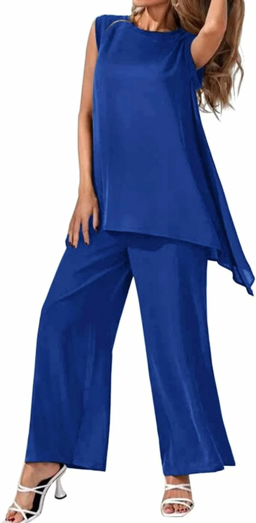Zongqiven Women's Summer 2 Piece Outfit Sleeveless Tunic Top with Elastic Waist Pants Casual Lounge Set