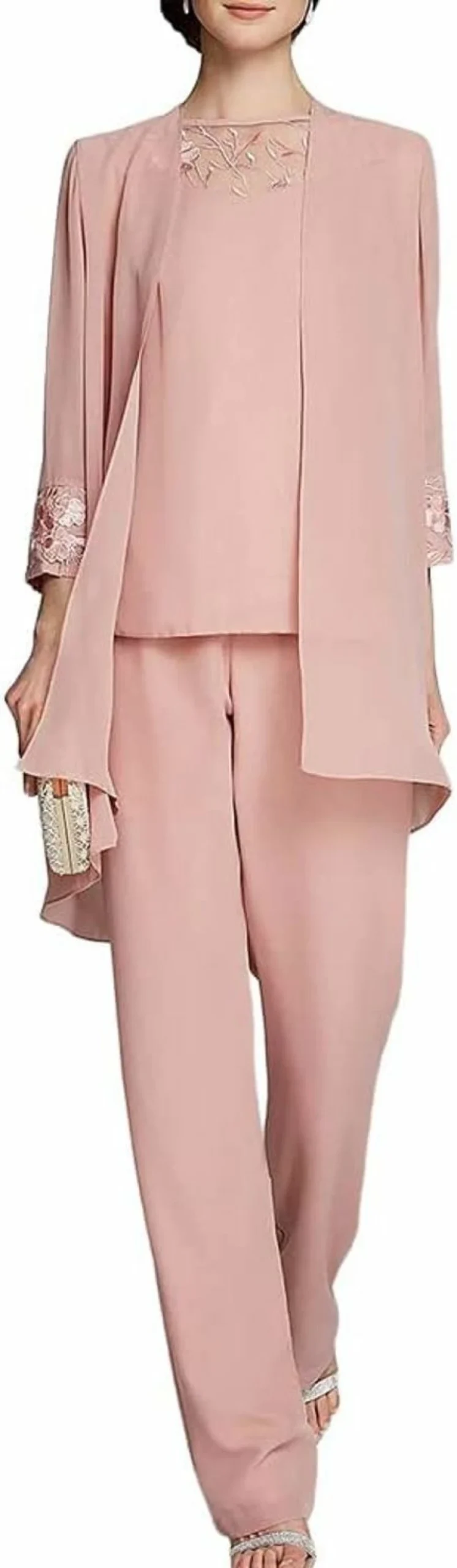 Zongqiven Women's Elegant Mother of the Bride Outfit 3-Piece Set with Chiffon Lace Top and Full-Length Pants for Wedding Occasions