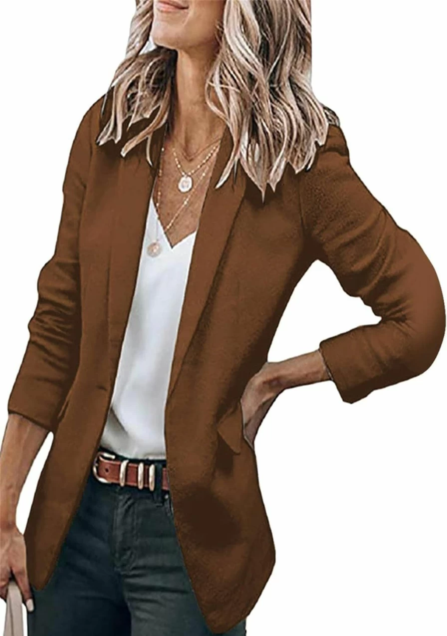 GORIFE Women's Casual Long Sleeve Blazer Jacket - Loose Fit Solid Color Office Coat with Button Lapel and Pockets