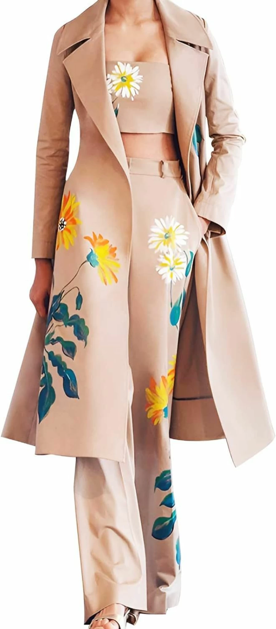 "AROMM Women's 3-Piece Elegant Printed Suit Set - Long Sleeve Blazer, Tube Top & Wide Leg Pants for Business, Wedding & Party Occasions"