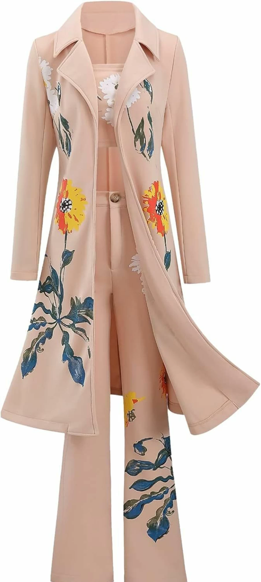 "AROMM Women's 3-Piece Elegant Printed Suit Set - Long Sleeve Blazer, Tube Top & Wide Leg Pants for Business, Wedding & Party Occasions"