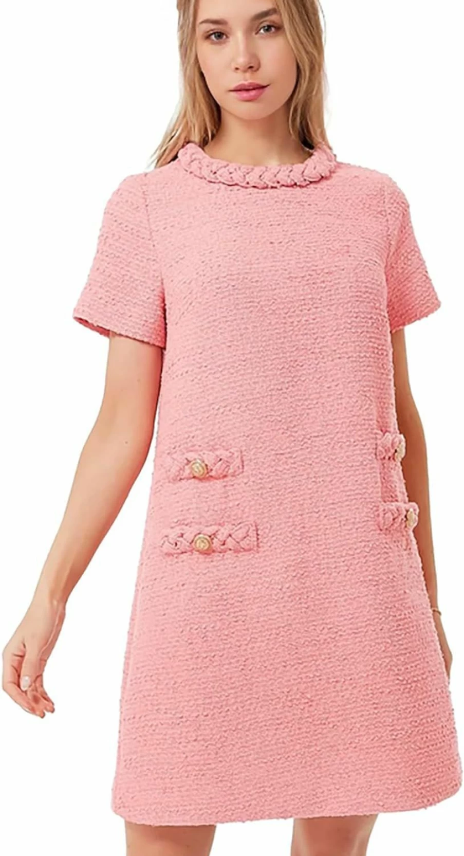 Laosiros Women's Vintage Tweed Mini Dress - Casual Short Sleeve Business Party Work Dress in Pink (Size XL)