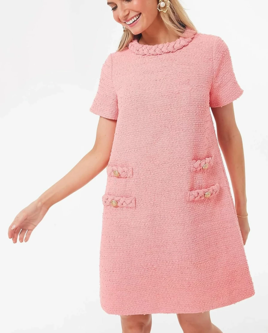 Laosiros Women's Vintage Tweed Mini Dress - Casual Short Sleeve Business Party Work Dress in Pink (Size XL)
