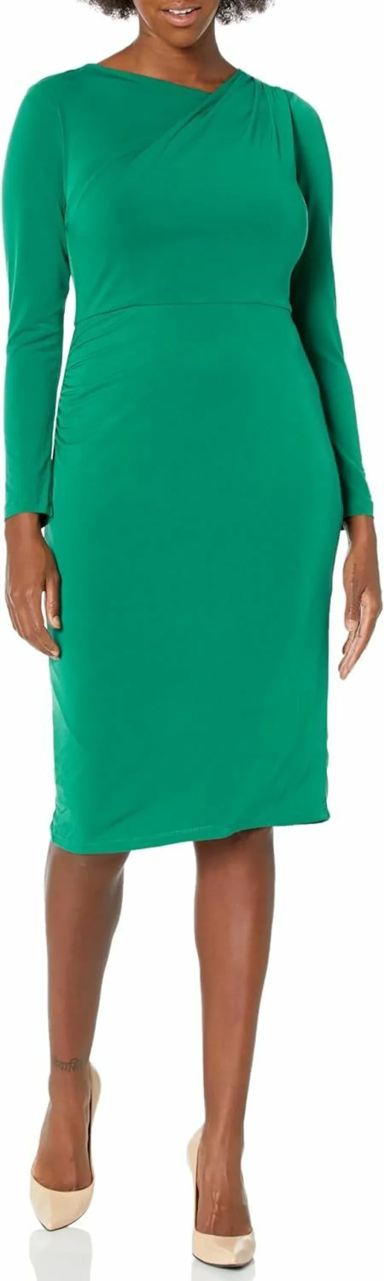 London Times Women's Slimming Stretch Jersey Sheath Dress with Draped Neckline - Midi Length Formal Wear