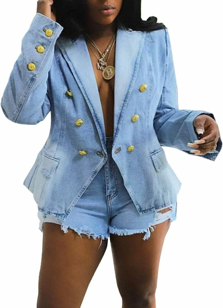 Angsuttc Women's Double Breasted Denim Blazer - Business Casual Lapel Long Sleeve Jacket