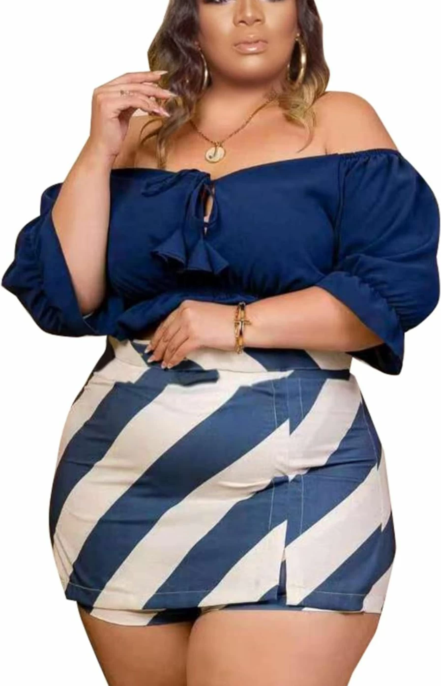 "DMOLED Women's Plus Size Summer Outfit: Off-Shoulder Crop Top & Shorts Dress Suit Set - 2 Piece Skirt Short Sleeve Fashion"