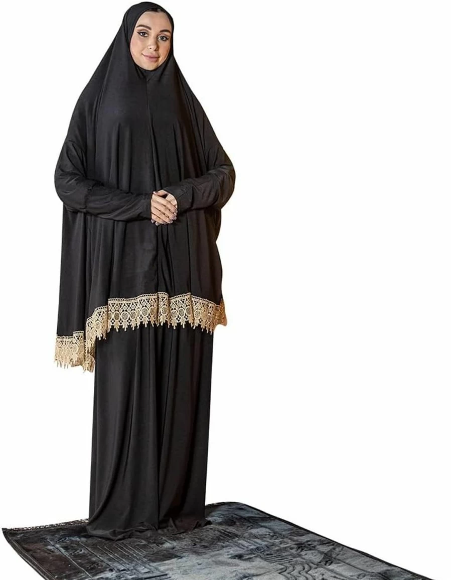 "Generic Women's 2-Piece Lycra Prayer Dress with Long Sleeves and Hijab - Solid Black Abaya Suit One Size"
